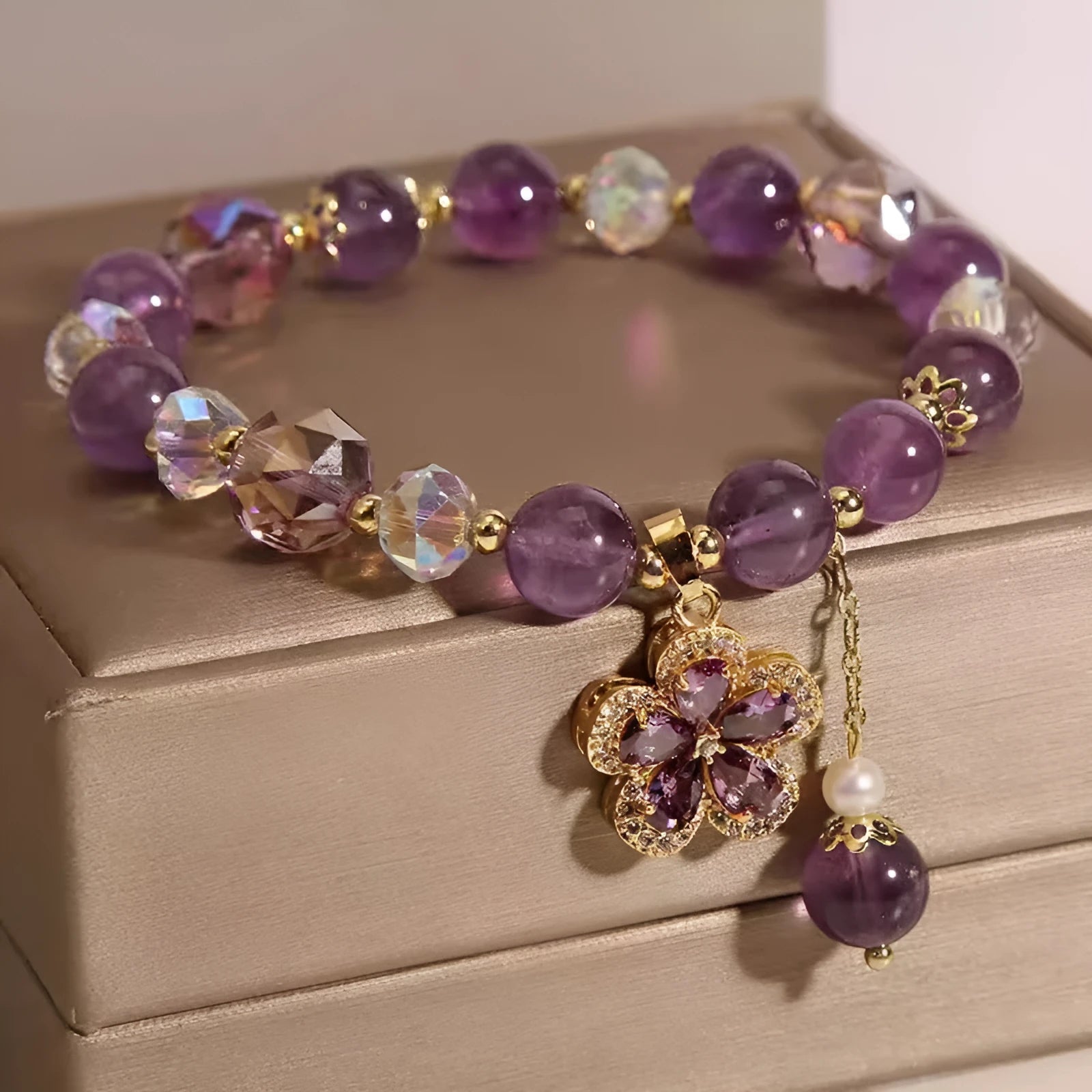 Natural amethyst fox pendant crystal bracelet with purple flower charm and antique styling