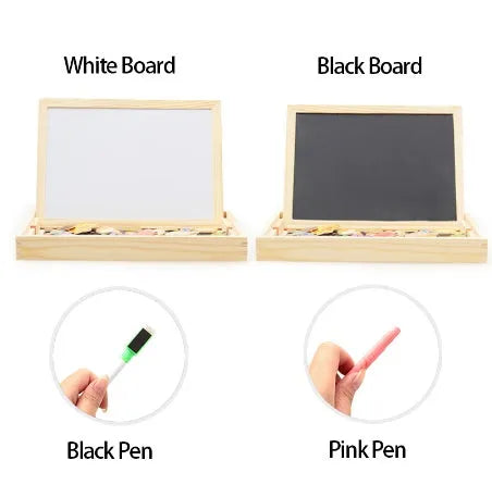 Wooden magnetic puzzle board with animal figures and drawing surface for children