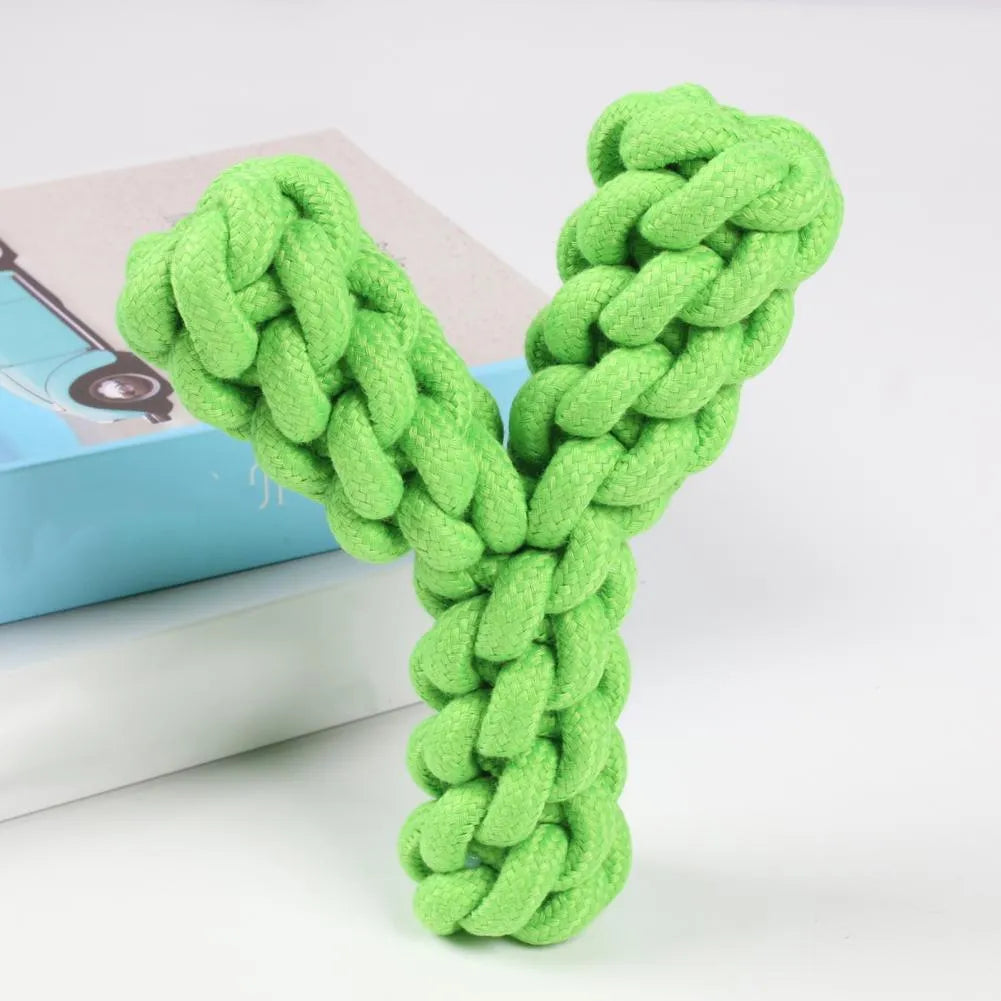Blue Y-shaped cotton rope dog toy for large dogs on a plain background.