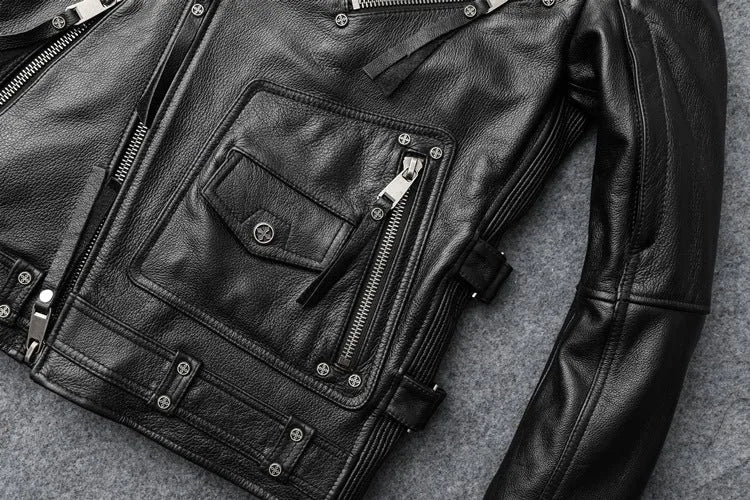 Men's slim fit black first layer cowhide biker's leather jacket with straight hem