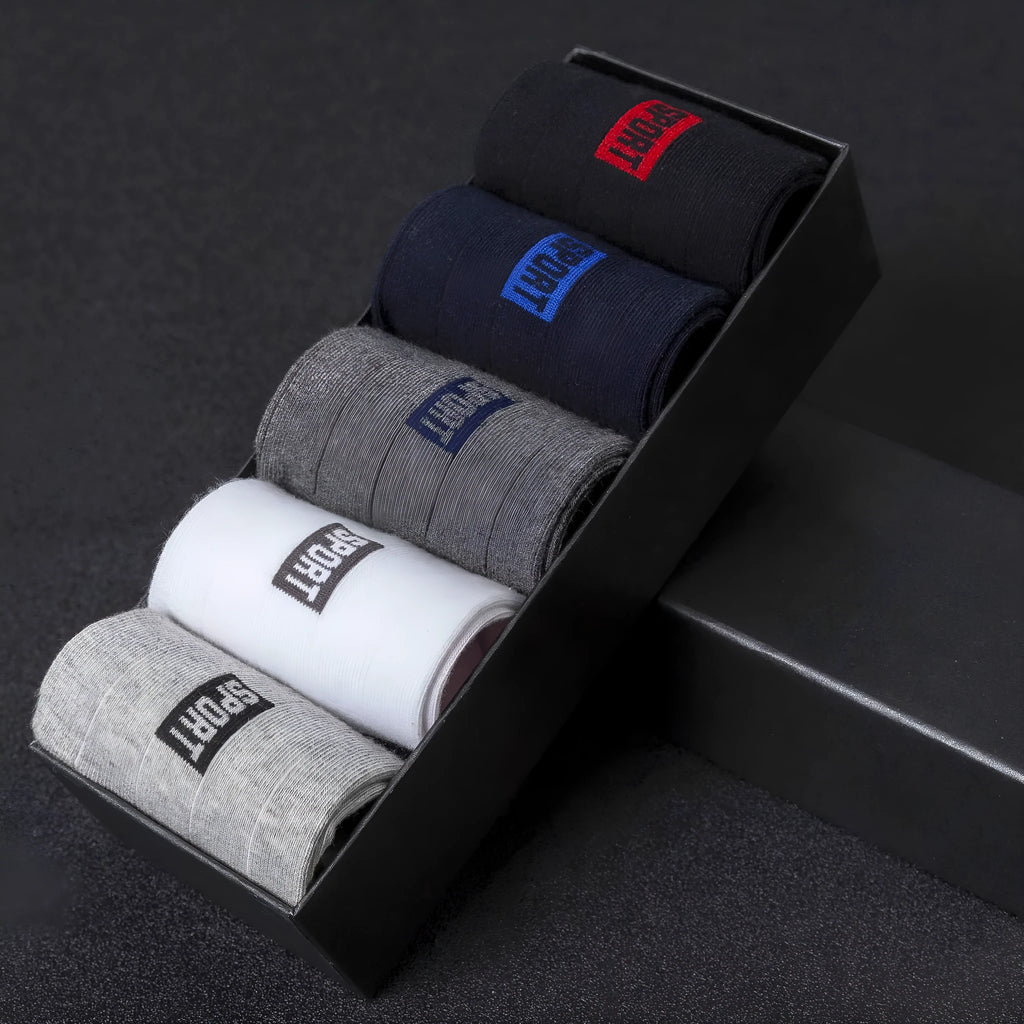 Breathable 5-pair men's cotton mid-tube socks set in SPORT tube stripe pattern