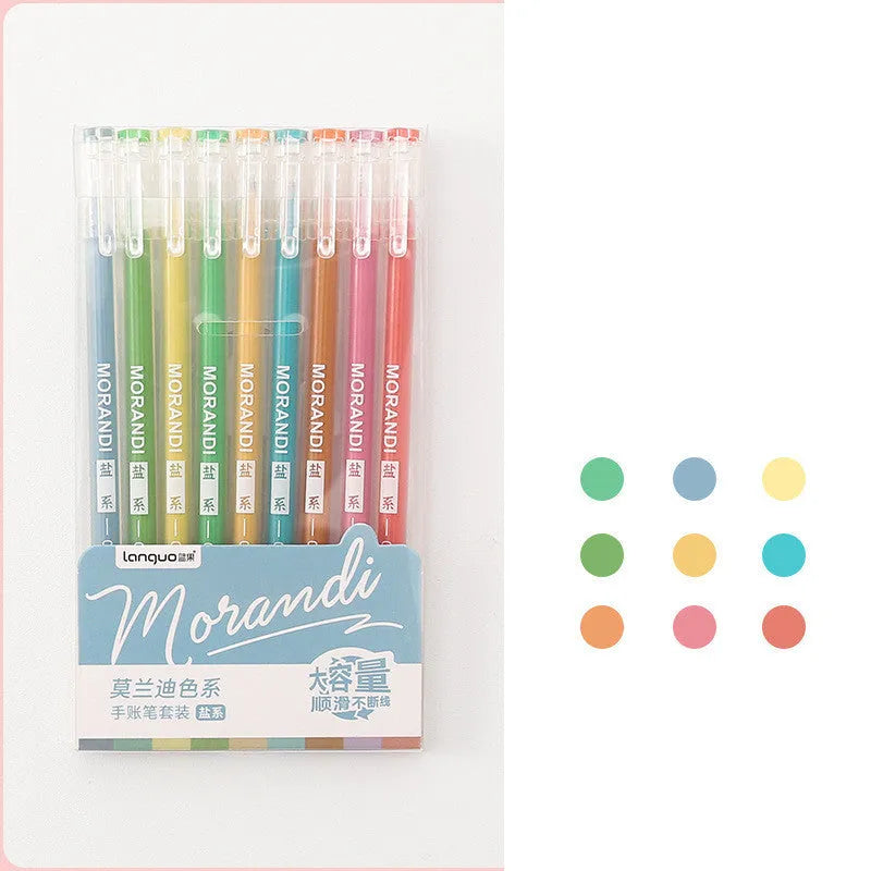 Set of nine retro colour gel pens with 0.5mm tips in a plastic storage case