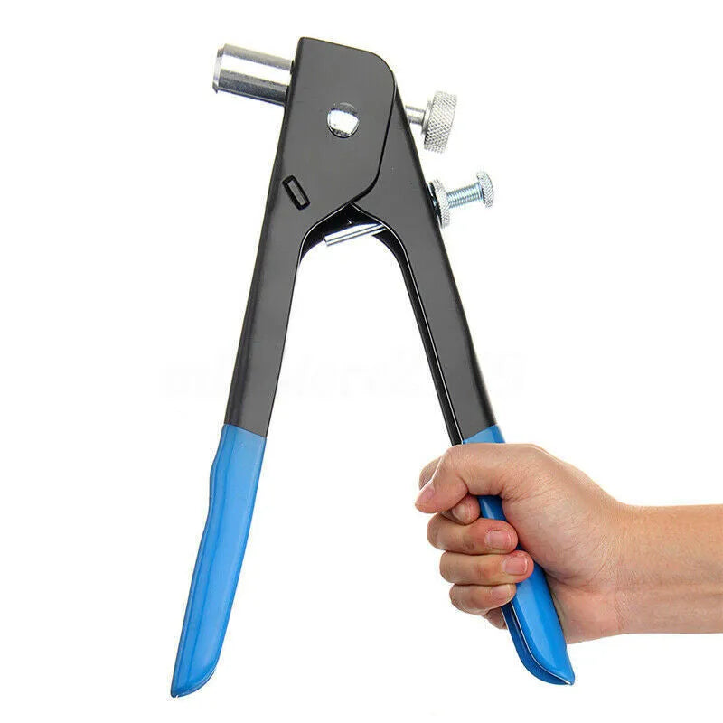 Manual riveter nut set in alloy steel with multiple tool heads arranged in gun-style configuration