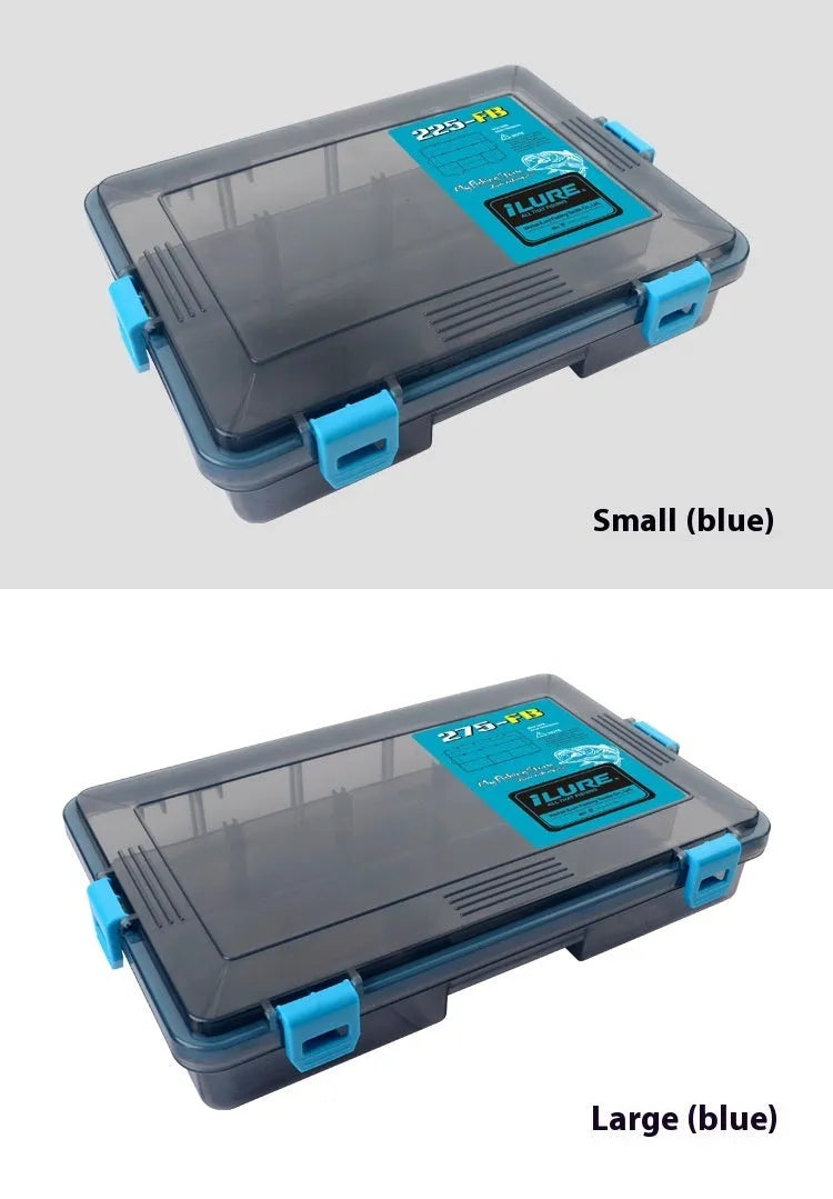 Transparent orange waterproof PP plastic fishing lure storage box with lures inside