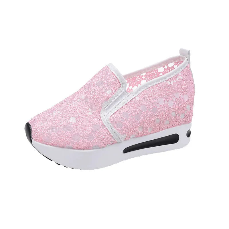 Lace mesh women's flat shoes with inner heightened platform, round toe, satin upper, pink and white colours