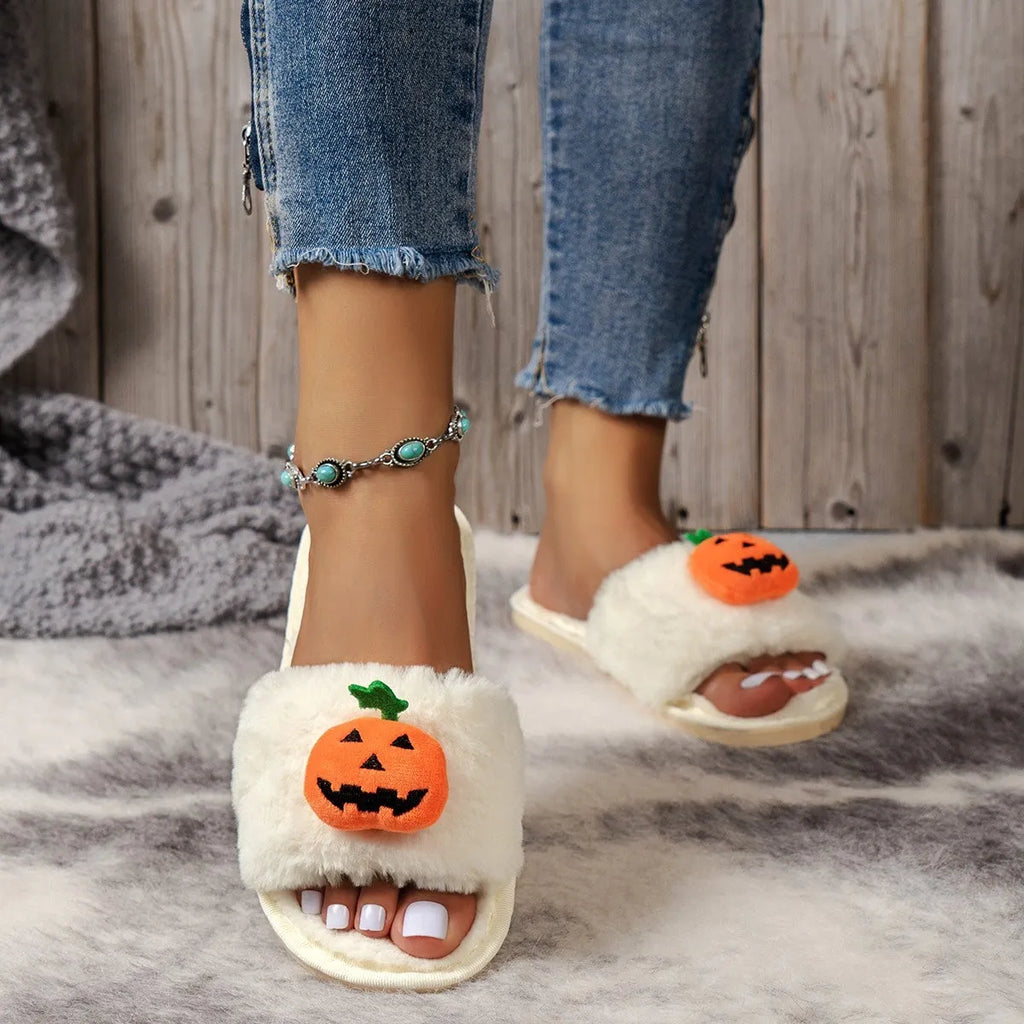 Halloween pumpkin plush slippers with synthetic fur and PVC anti-slip soles
