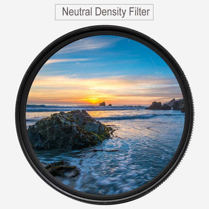 ND8 neutral density camera filter with aviation aluminium frame shown next to a lens.