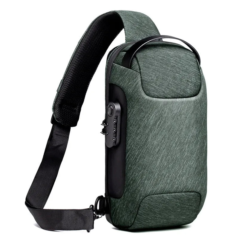 Men's anti-theft chest bag in Oxford cloth with combination lock and USB charging port, medium size, black colour