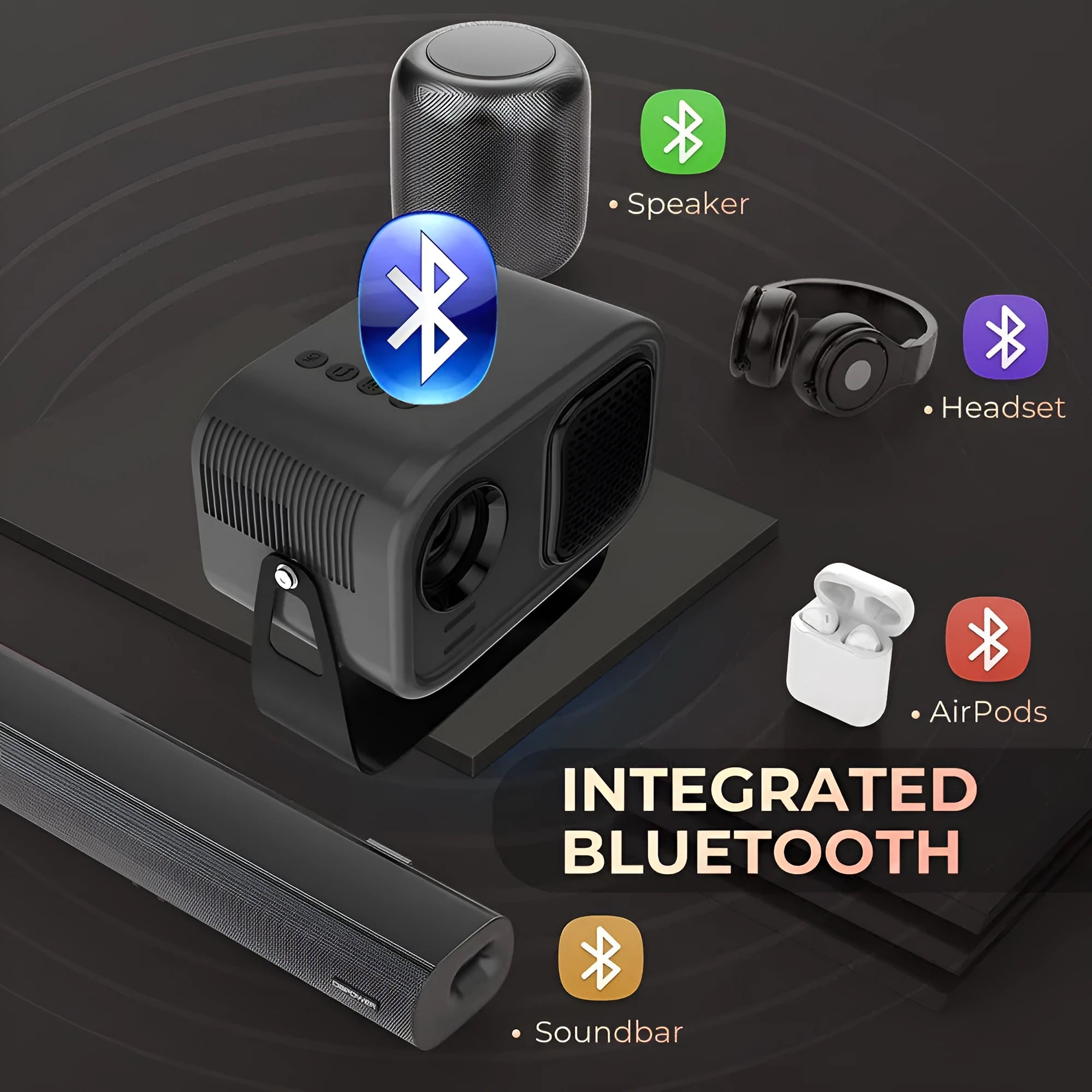 Black portable HD projector with remote control and cables for home office use