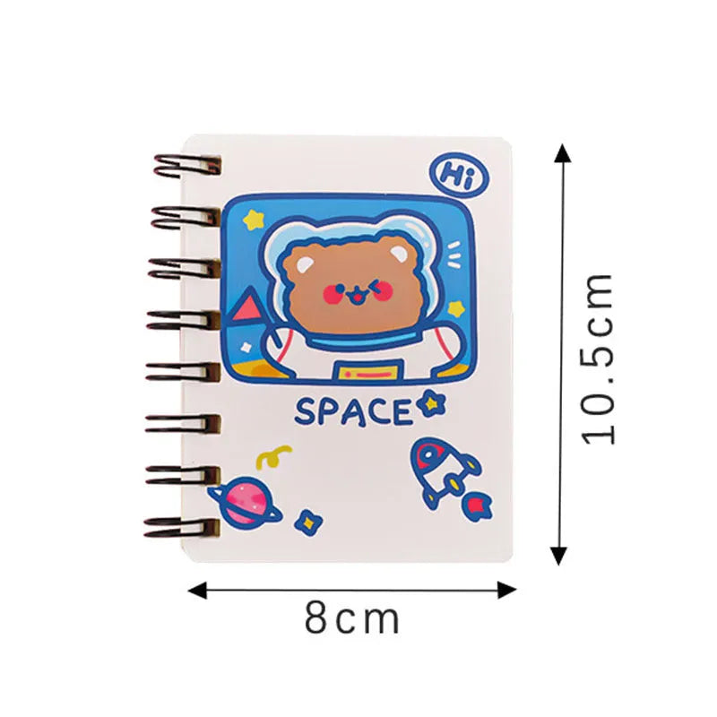 Astronaut flipped pocket notebook showing 10.5x8cm size and space-themed cover options.