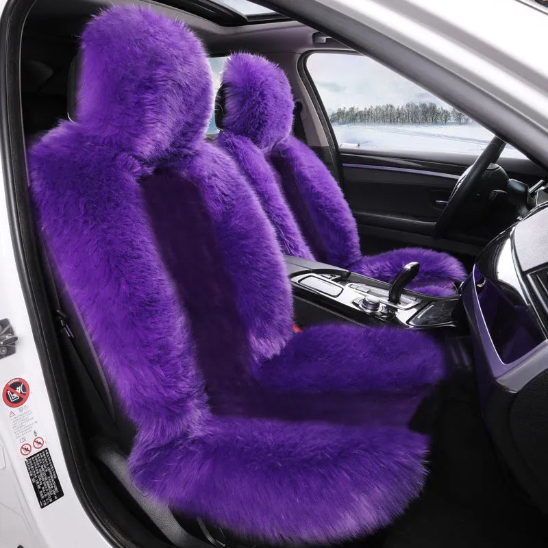 Purple plush fleece car seat cushion set for driver and front passenger winter warmth