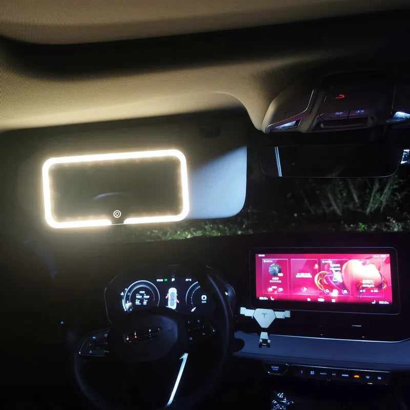 White car sun visor LED make-up mirror with aluminium lens mounted on vehicle visor