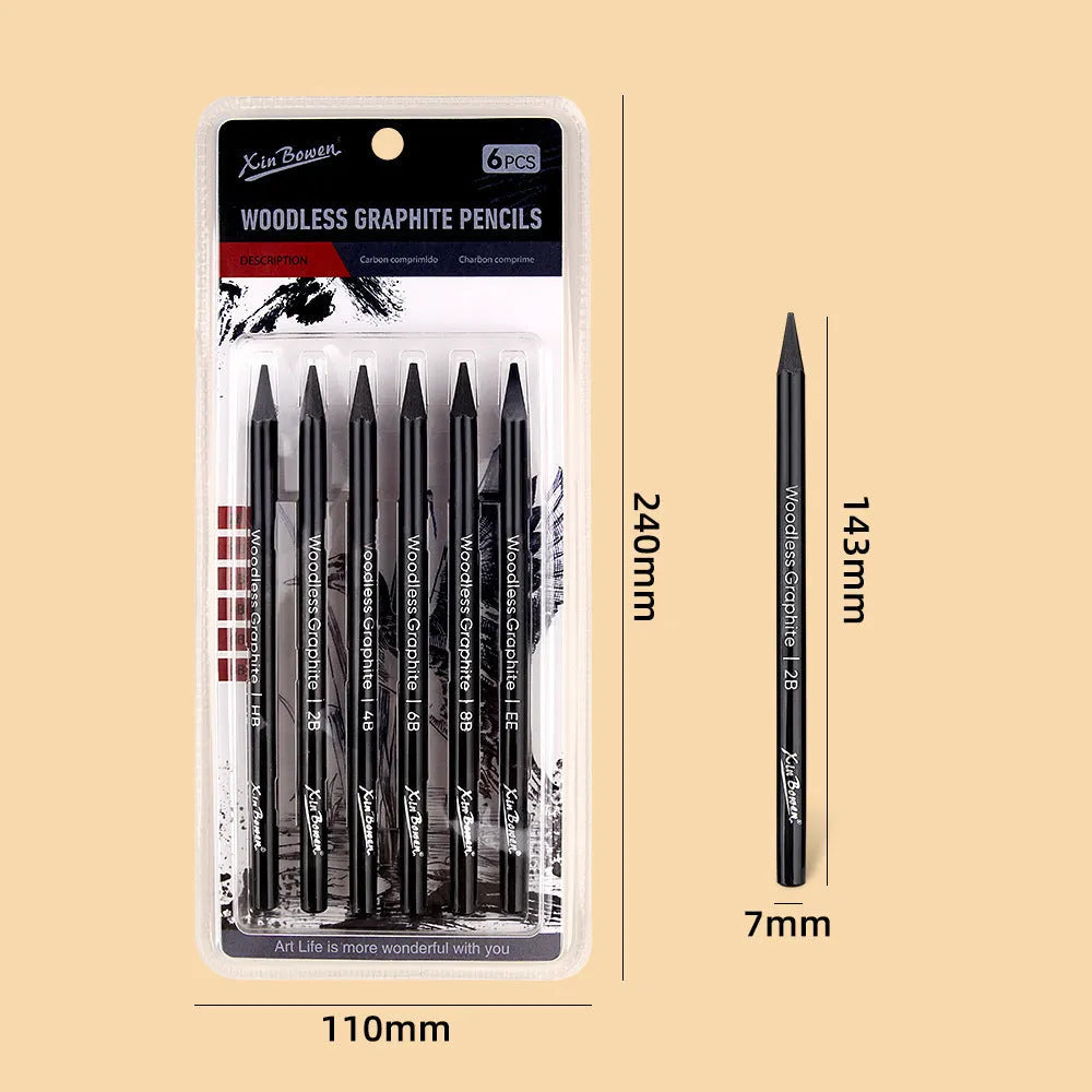 Set of six wood-free graphite sketching pencils with grades HB 2B 4B 6B 8B EE for art.