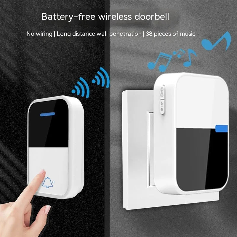 White modern wireless doorbell kit showing a rectangular receiver and a smaller square push button.