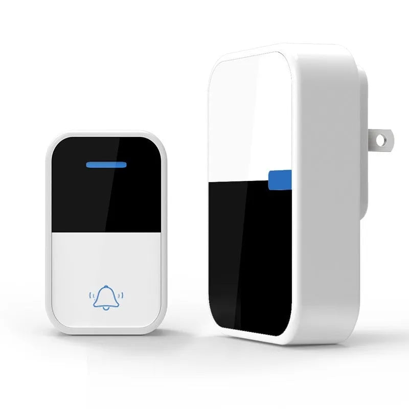 White modern wireless doorbell kit showing a rectangular receiver and a smaller square push button.