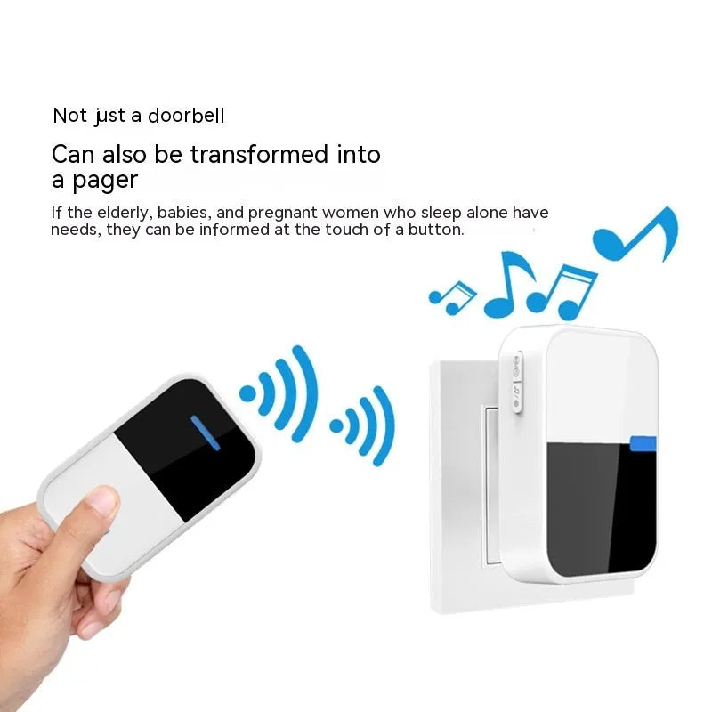 White modern wireless doorbell kit showing a rectangular receiver and a smaller square push button.