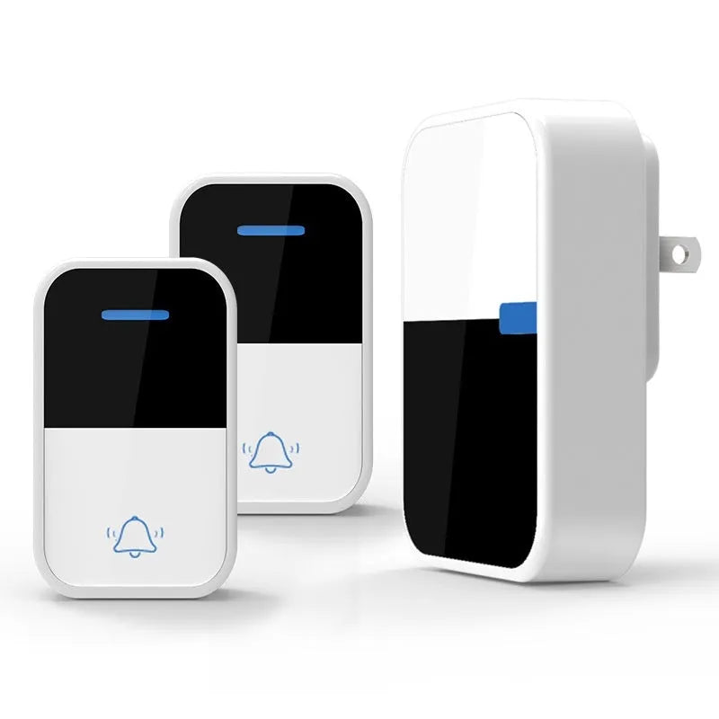 White modern wireless doorbell kit showing a rectangular receiver and a smaller square push button.