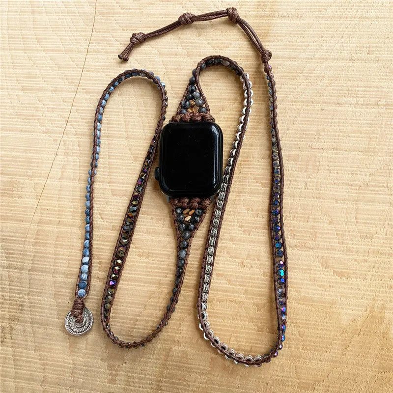 Natural agate woven bohemian watch band on a dark background, showing stone beads and bracelet style