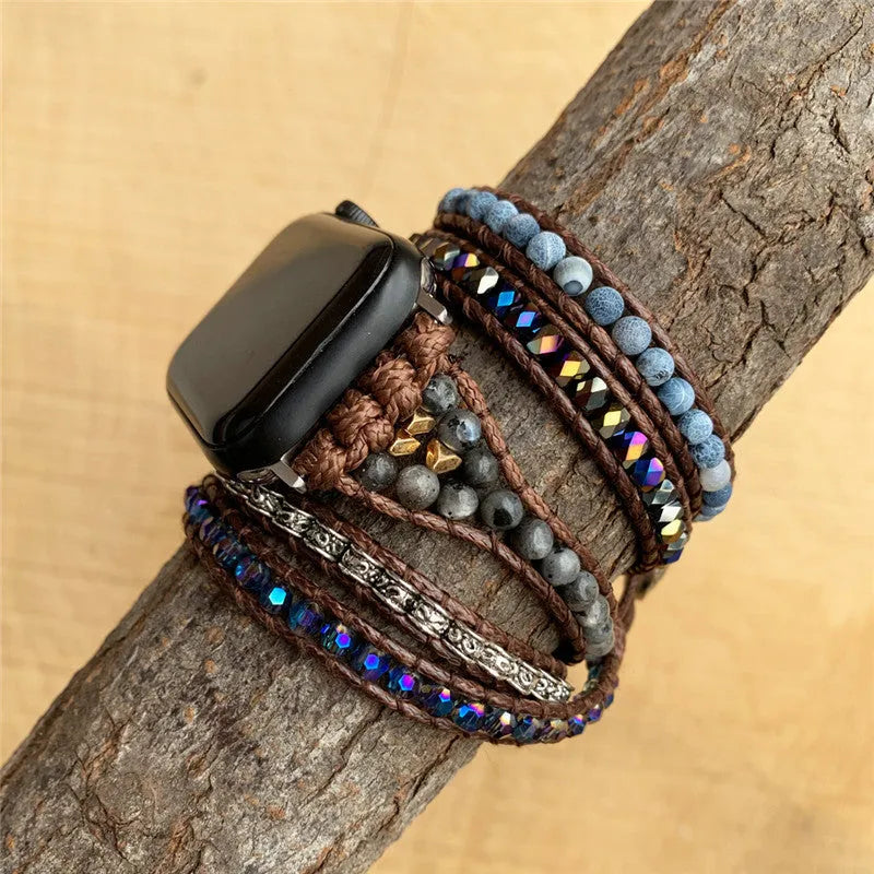 Natural agate woven bohemian watch band on a dark background, showing stone beads and bracelet style
