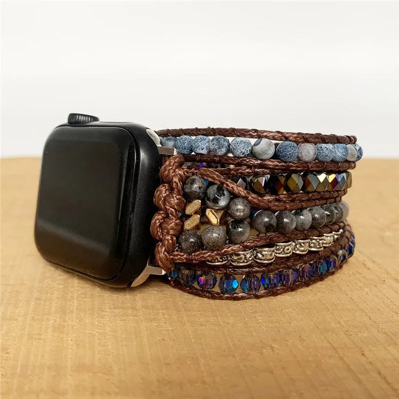Natural agate woven bohemian watch band on a dark background, showing stone beads and bracelet style