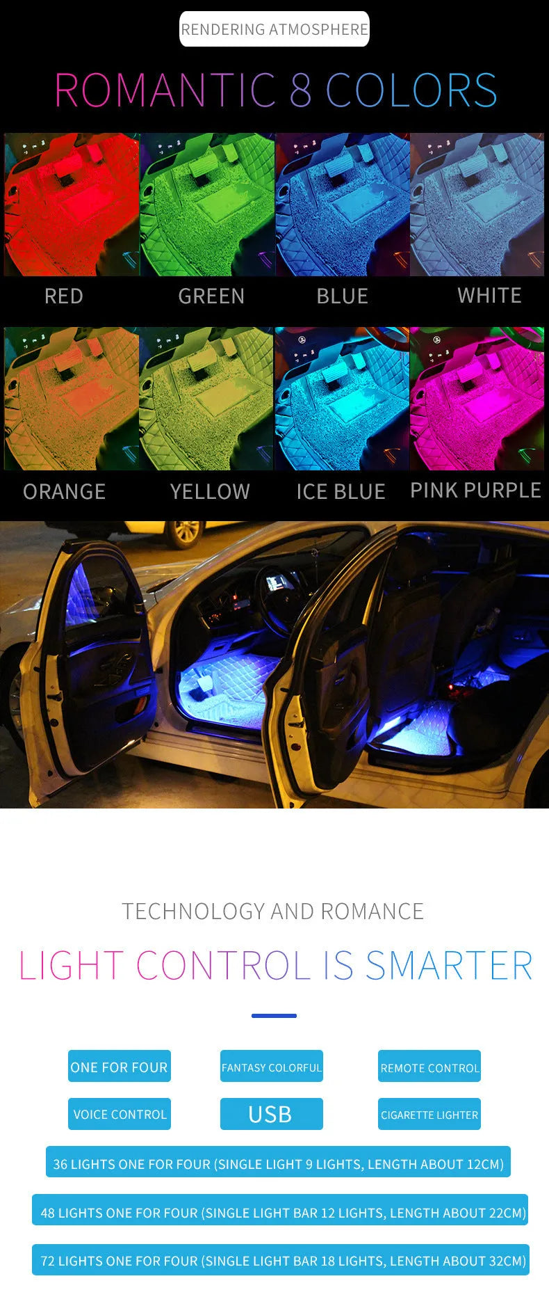 Car interior footwell LED accent lighting kit with four light strips and voice control unit