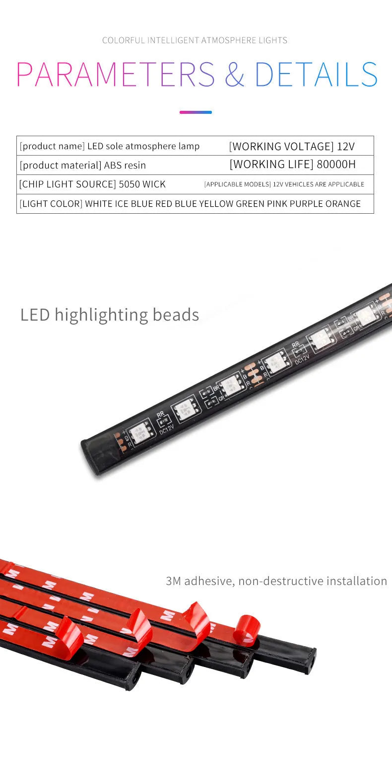 Car interior footwell LED accent lighting kit with four light strips and voice control unit