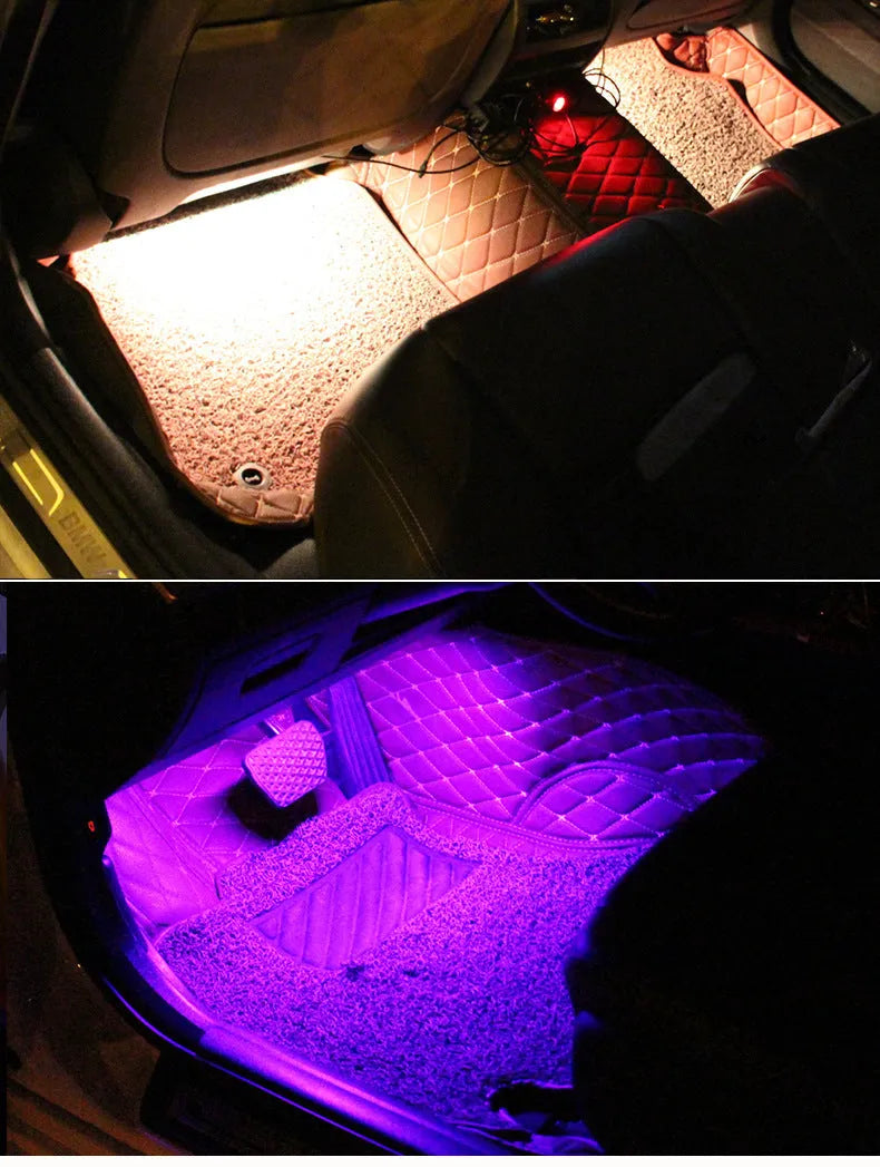 Car interior footwell LED accent lighting kit with four light strips and voice control unit