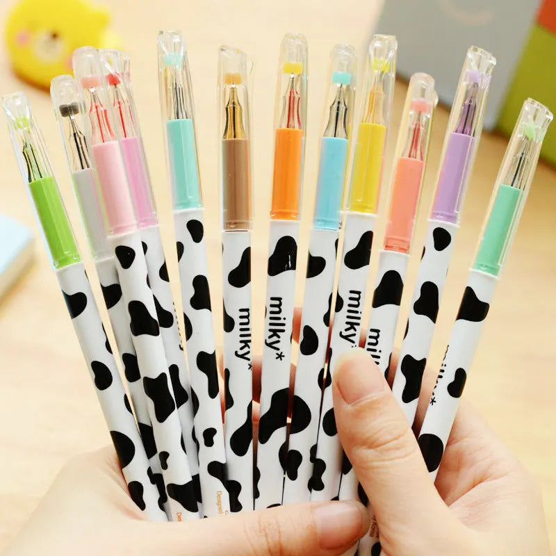 Set of 12 cow-colour gel pens with 0.38mm fine tips and plastic barrels.