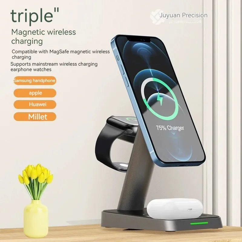 Black vertical wireless charger with phone stand and watch charging pad showing 10000mAh power bank