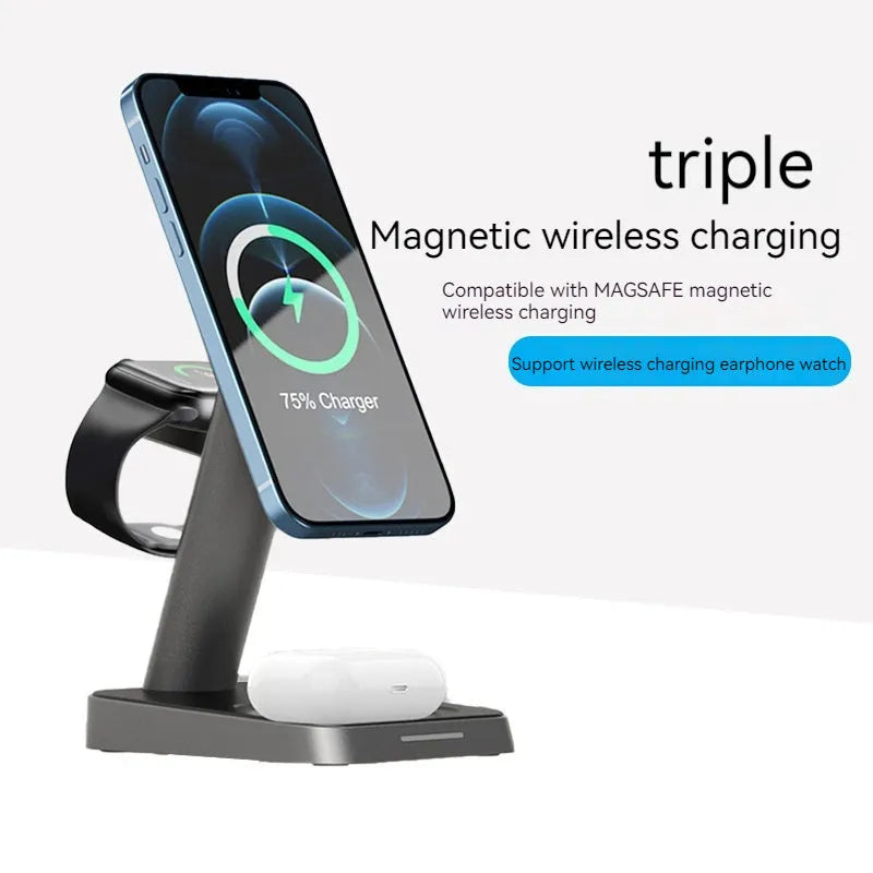 Black vertical wireless charger with phone stand and watch charging pad showing 10000mAh power bank