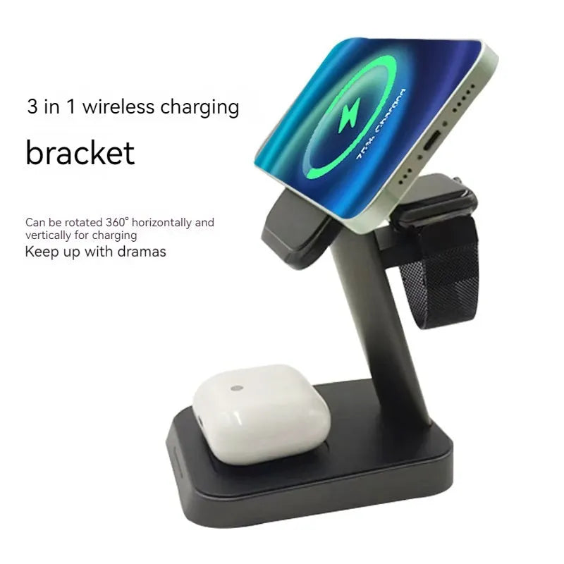 Black vertical wireless charger with phone stand and watch charging pad showing 10000mAh power bank