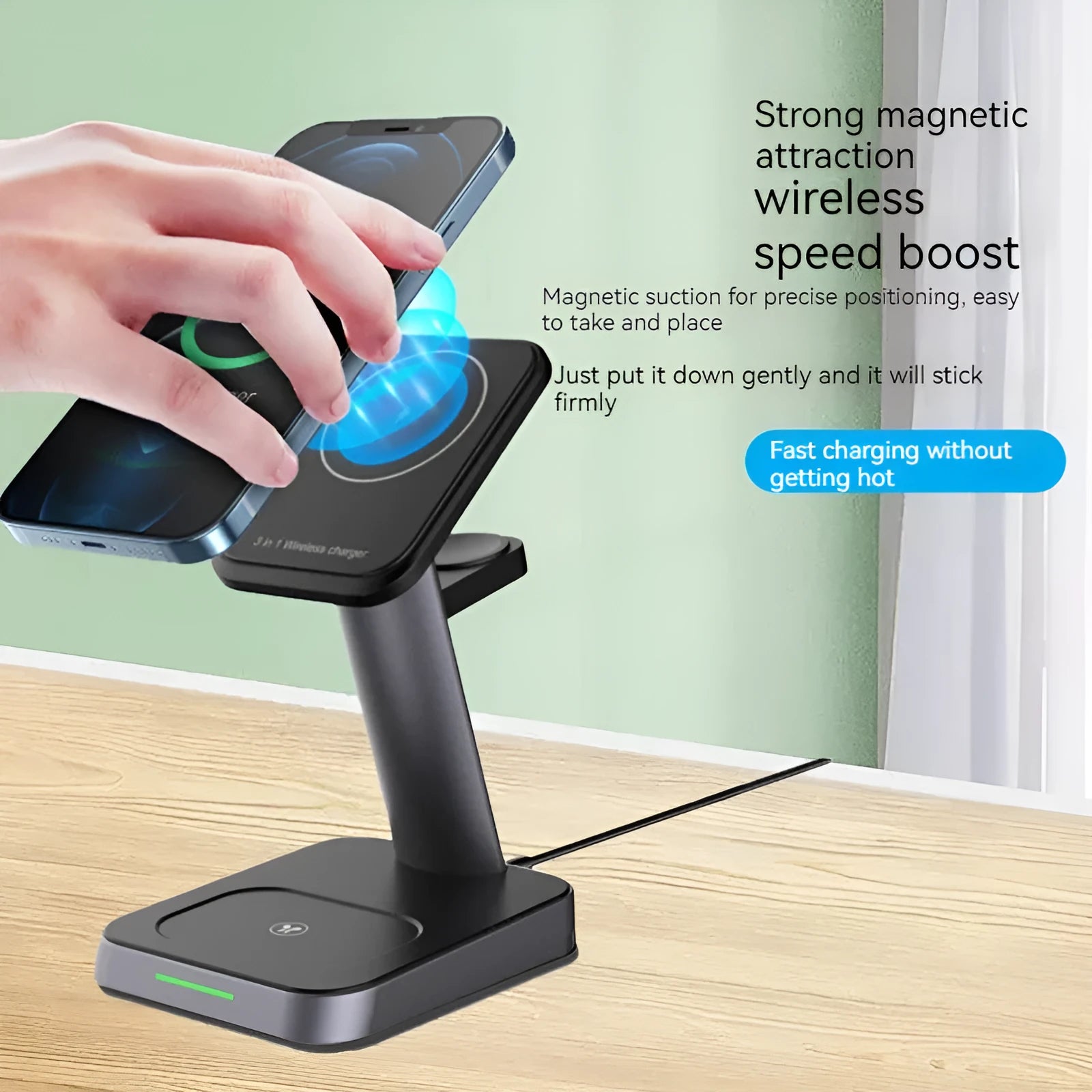 Black vertical wireless charger with phone stand and watch charging pad showing 10000mAh power bank