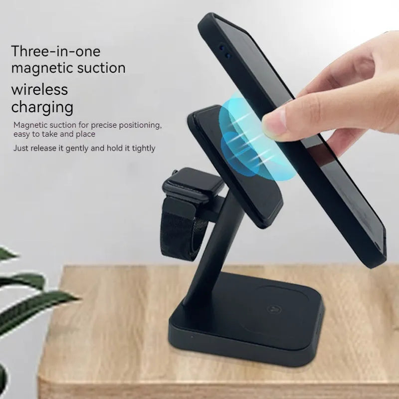 Black vertical wireless charger with phone stand and watch charging pad showing 10000mAh power bank