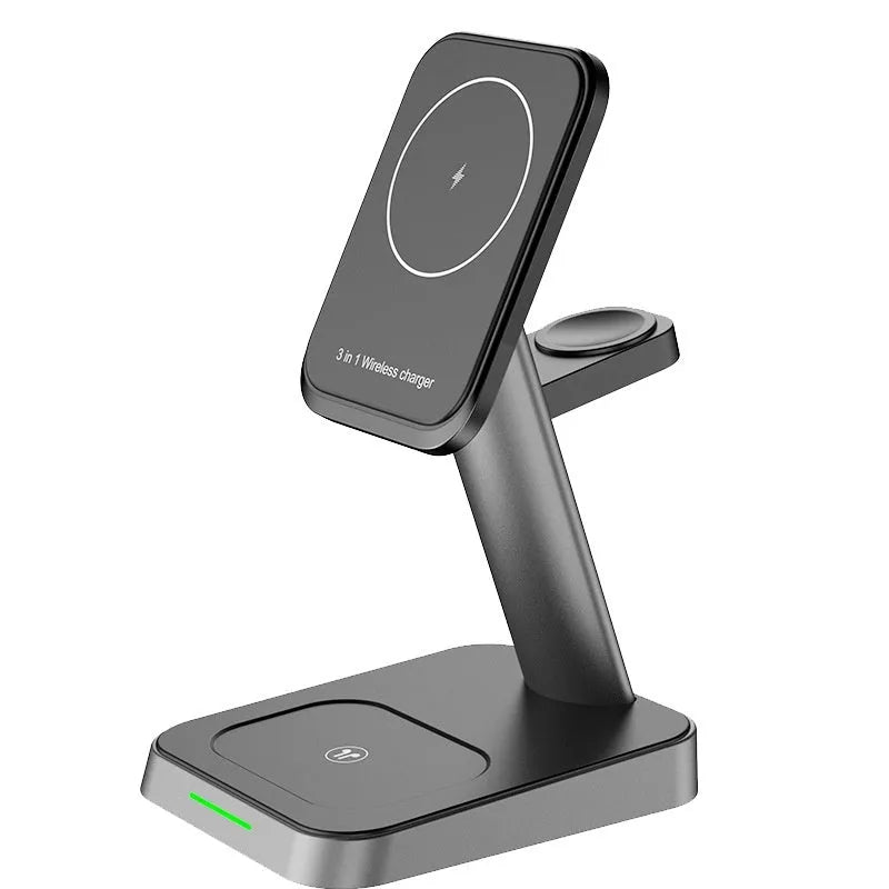 Black vertical wireless charger with phone stand and watch charging pad showing 10000mAh power bank