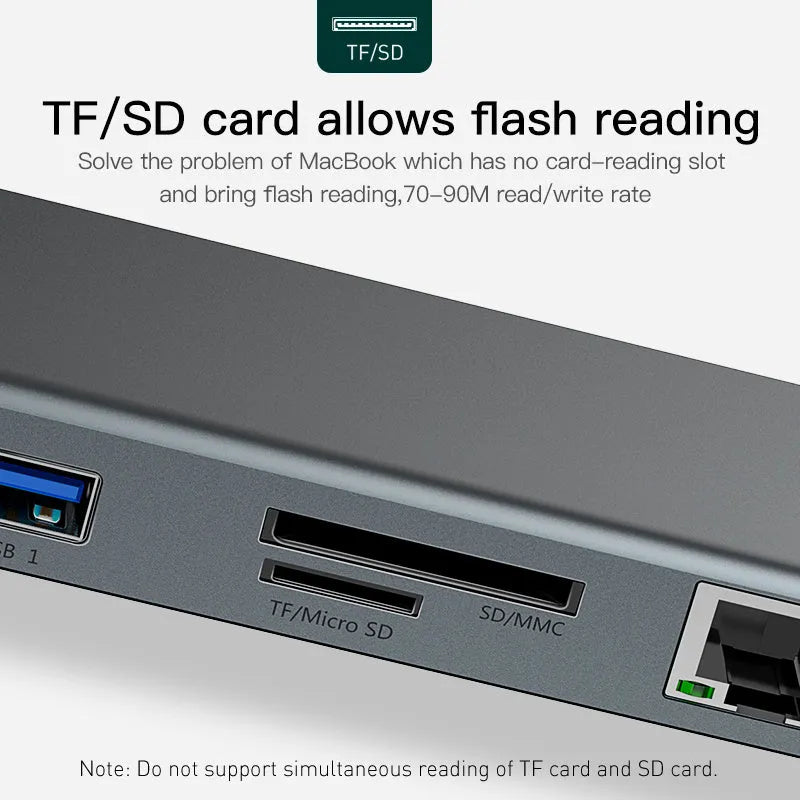 Grey 10-port USB-C docking station with aluminium cooling bracket showing HDMI, VGA, and Ethernet ports