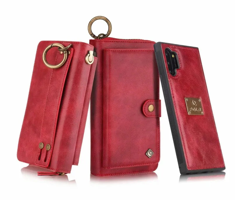 Black PU leather mobile phone case with a zip-around wallet compartment open, showing card slots.