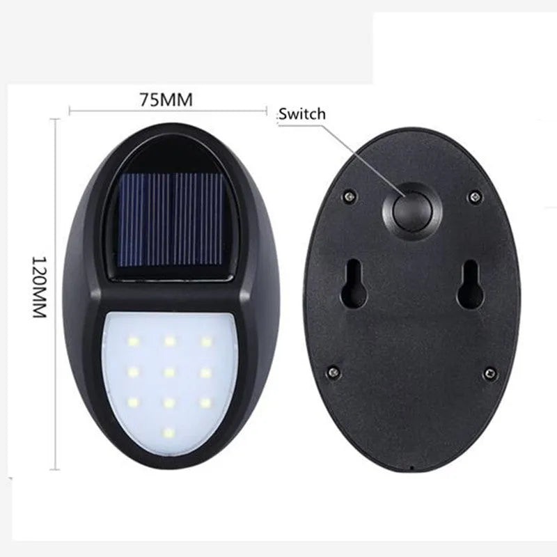 Black solar wall light with solar panel showing dimensions 75mm x 120mm