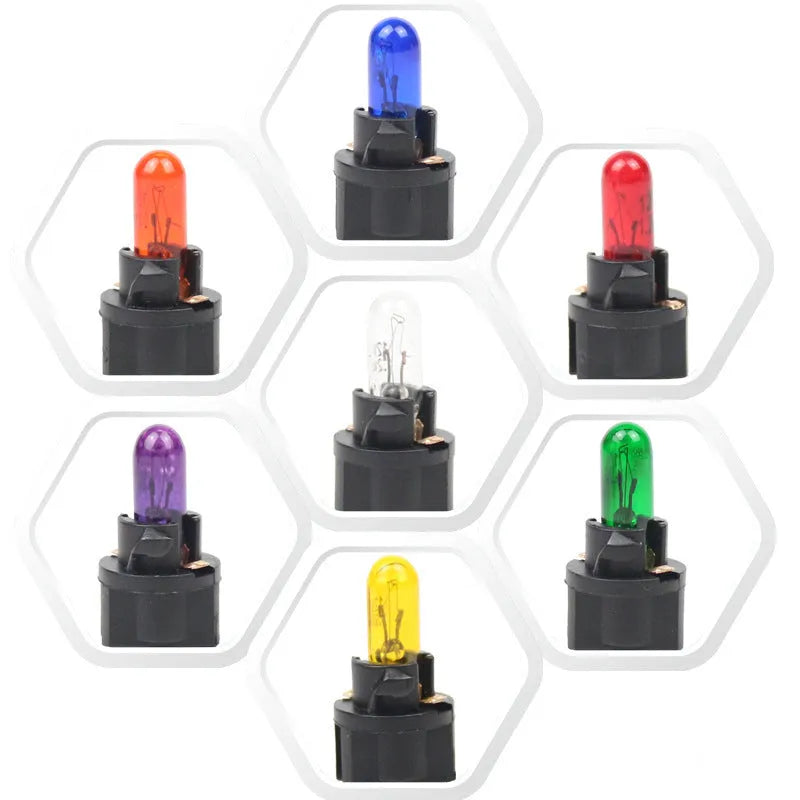 T5 12-volt 1.2-watt automotive indicator light bulb in six colours: red, blue, green, amber, yellow, purple.