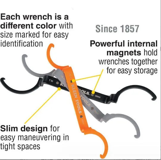Three-piece spanner set showing orange, grey, and black wrenches with magnetic suction and catheter locking functions