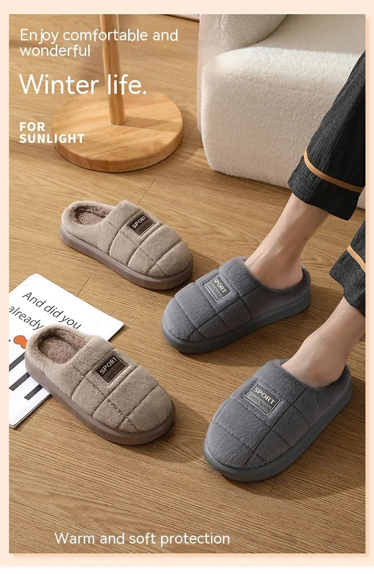 Men's grey and brown plaid cotton slippers with thick sole and woolly lining.