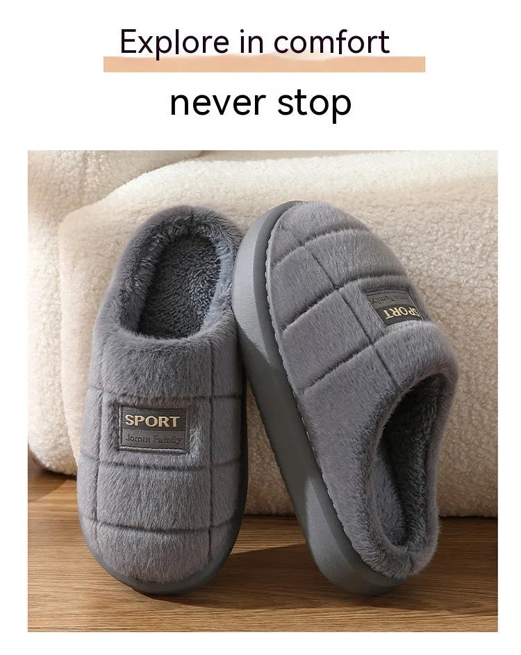 Men's grey and brown plaid cotton slippers with thick sole and woolly lining.