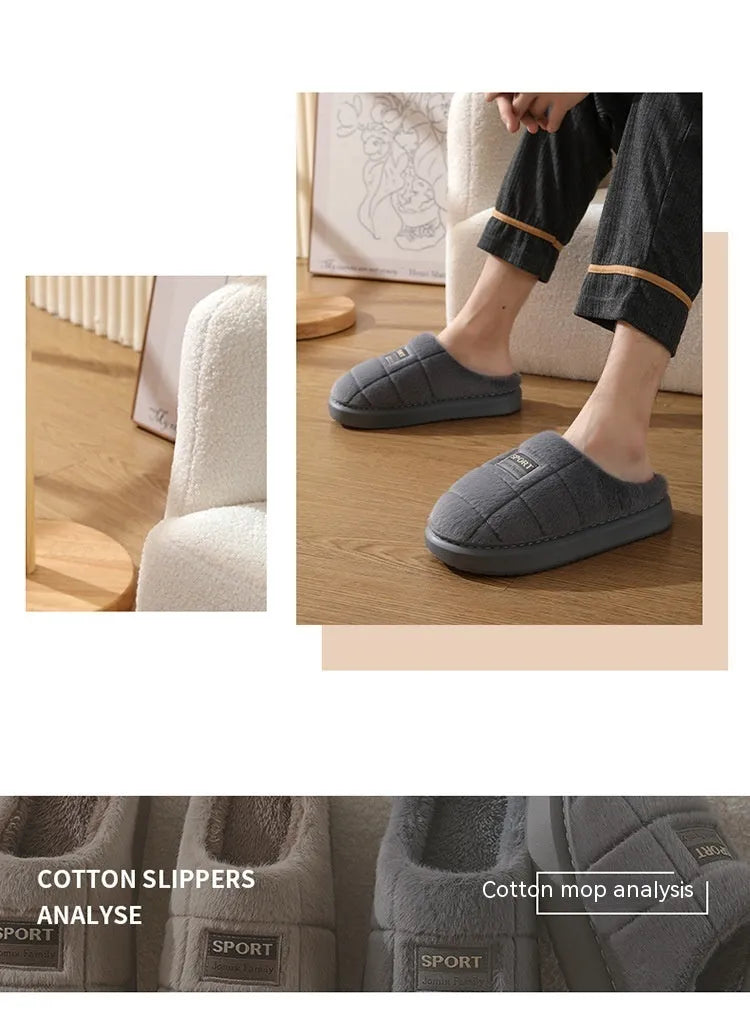 Men's grey and brown plaid cotton slippers with thick sole and woolly lining.