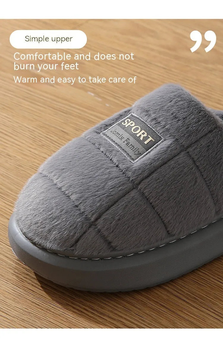 Men's grey and brown plaid cotton slippers with thick sole and woolly lining.