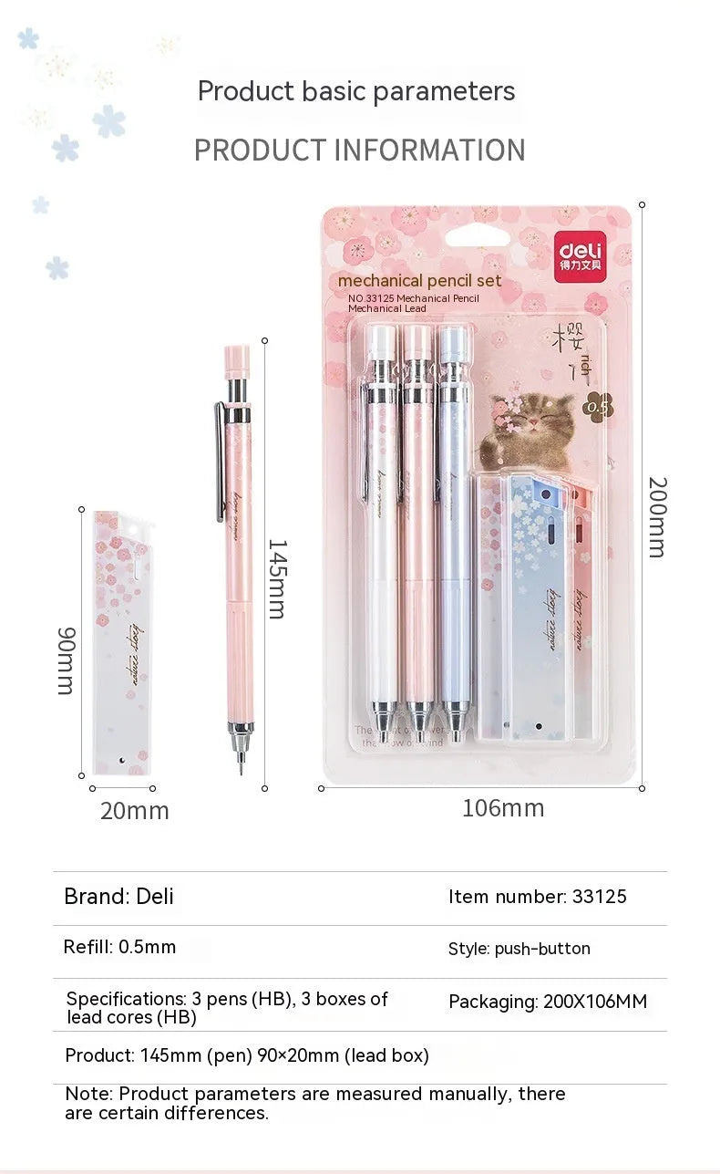 Mixed colour Sakura design propelling pencil set with three pens and three boxes of 0.5mm HB lead refills.