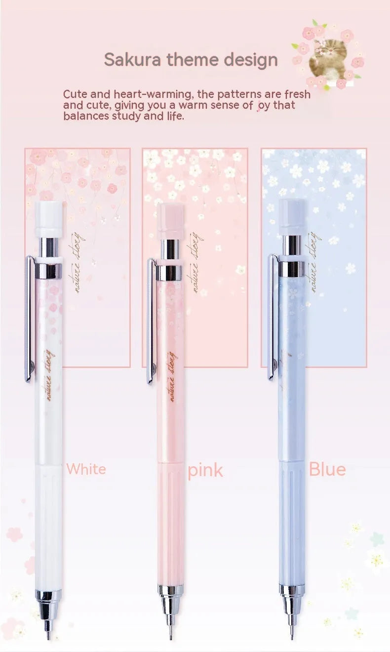 Mixed colour cartoon automatic pencil set with three 0.5mm pencils and HB refill boxes.