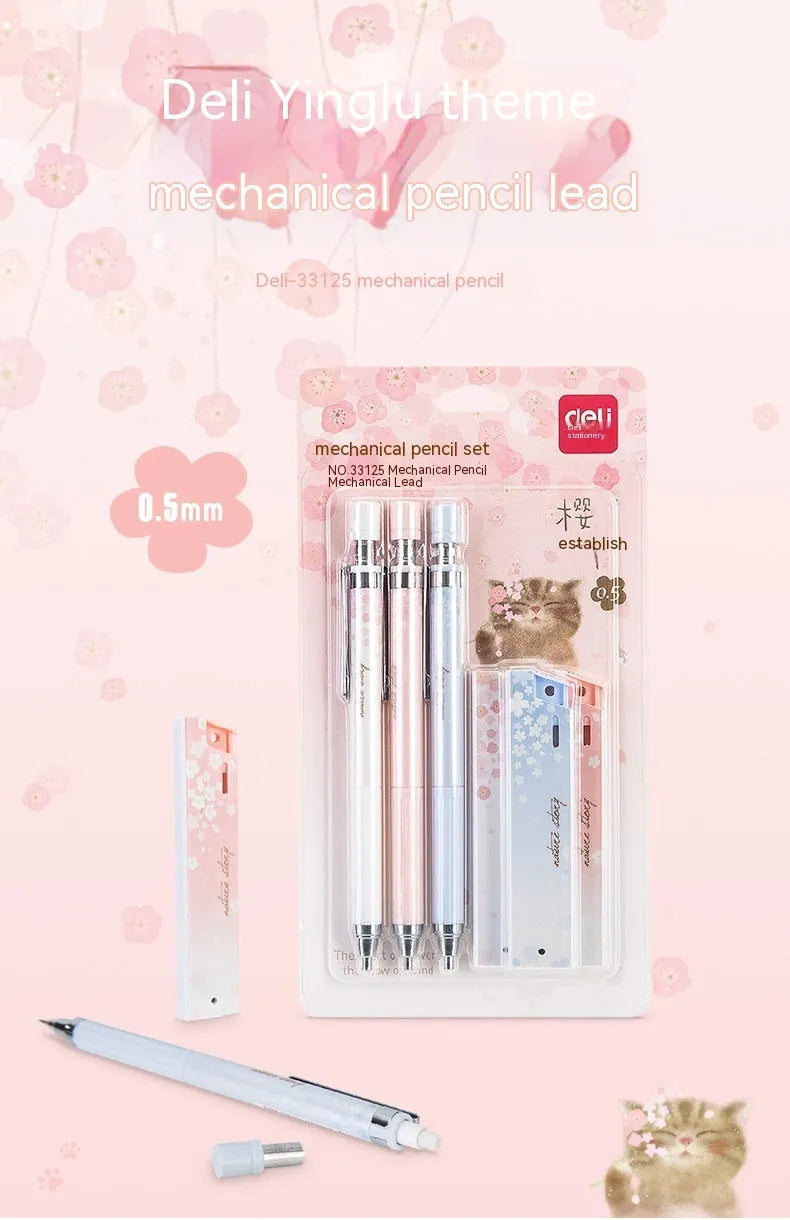 Mixed colour cartoon automatic pencil set with three 0.5mm pencils and HB refill boxes.