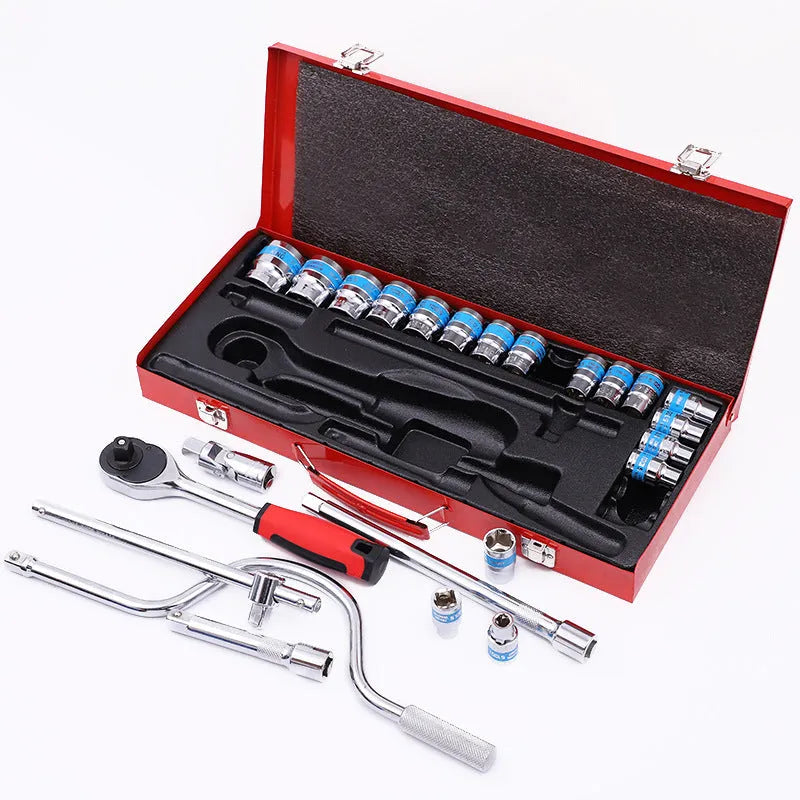 24-piece curved bow car repair wrench set with chrome vanadium steel tools in storage case