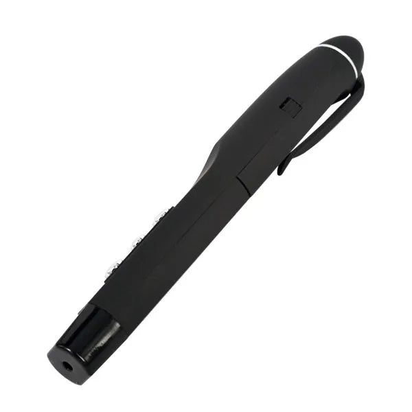 Wireless presenter remote in black molded plastic with USB receiver and red laser pointer