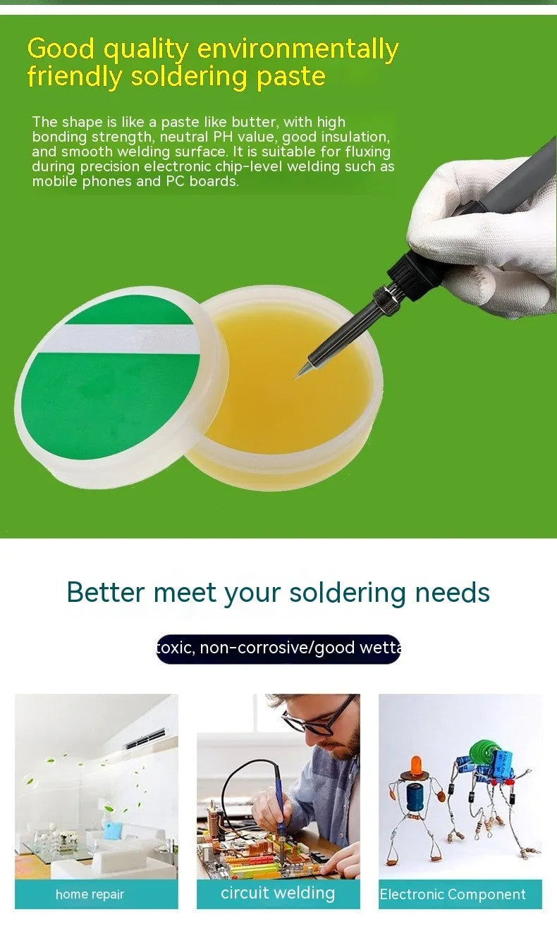 Two containers of rosin soldering flux paste for electric soldering irons: 50g and 85g formats