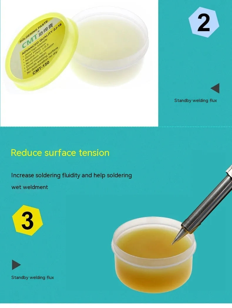 Two containers of rosin soldering flux paste for electric soldering irons: 50g and 85g formats